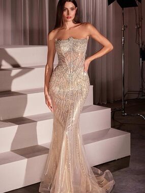 Strapless Champagne Sequin Mermaid Prom Dress